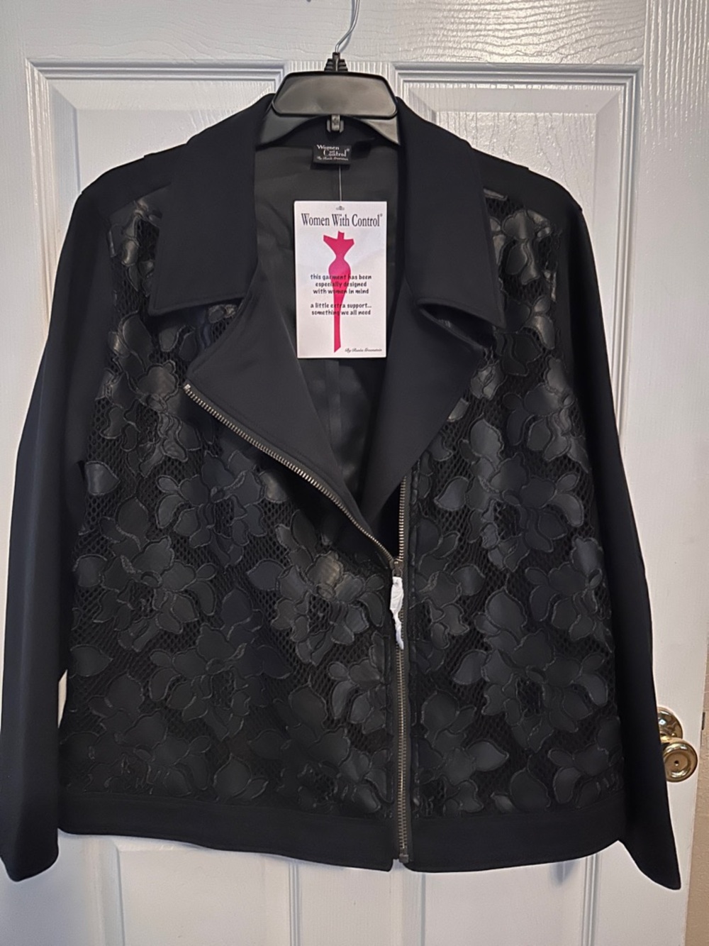 Women With Control Black Floral Lace Zip Moto Jacket